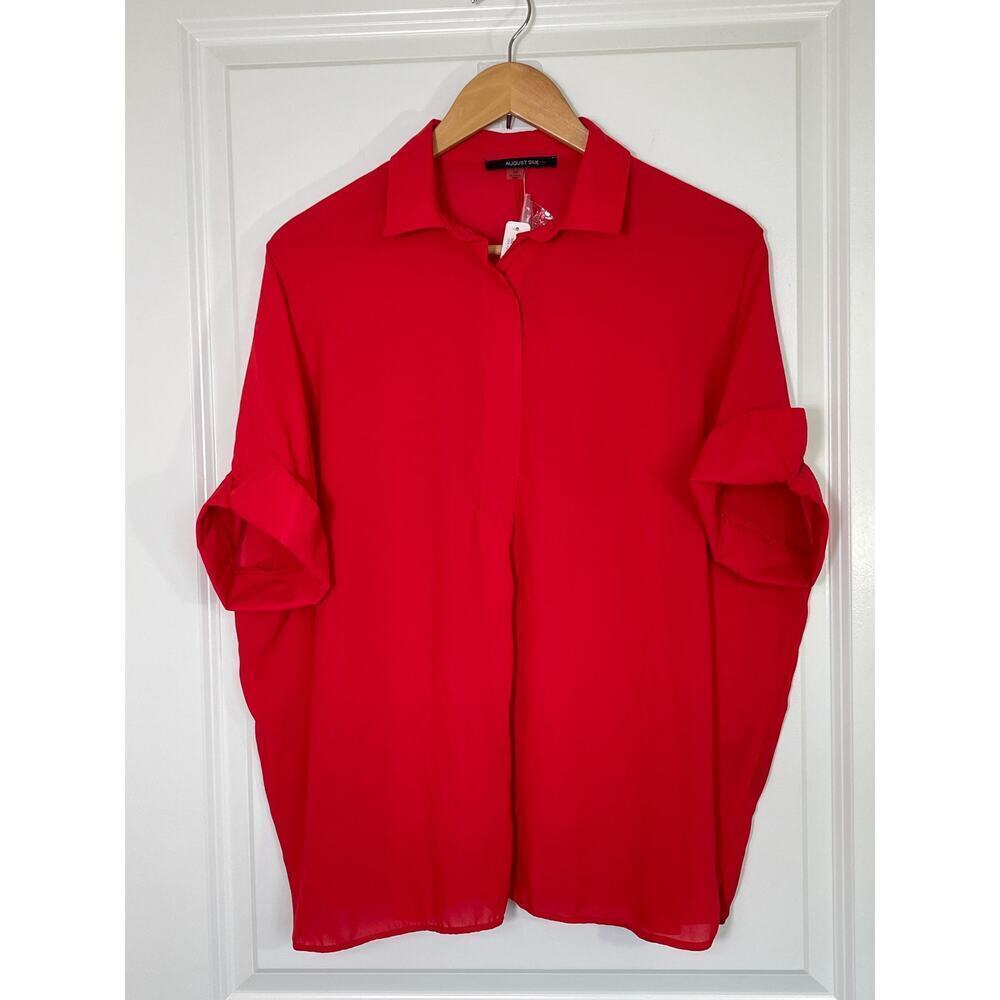 August Silk Women Short Sleeve Half Button Flowy Blouse Top Size Medium (T225)